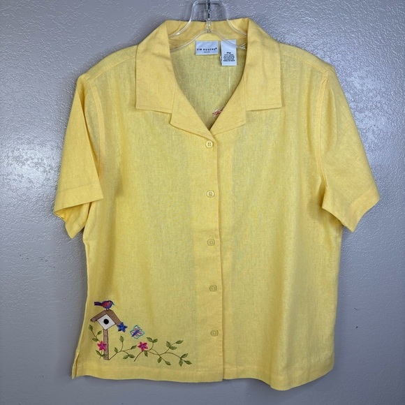 Kim Rogers Yellow Linen Blend Button Down Crop Shirt Embroidered Birds Medium P - Picture 8 of 9